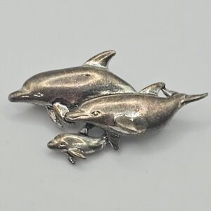 Vintage Dolphin Pod Family Brooch Pin Silver Tone Mom Baby Sea Ocean Life Travel